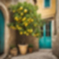 photo d'un citronnier en pot dans une ruelle d'un village type provençal tons vert d'eau,