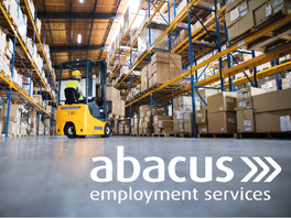 Picture shows forklift truck moving boxes in warehouse with abacus employment services logo overlayed
