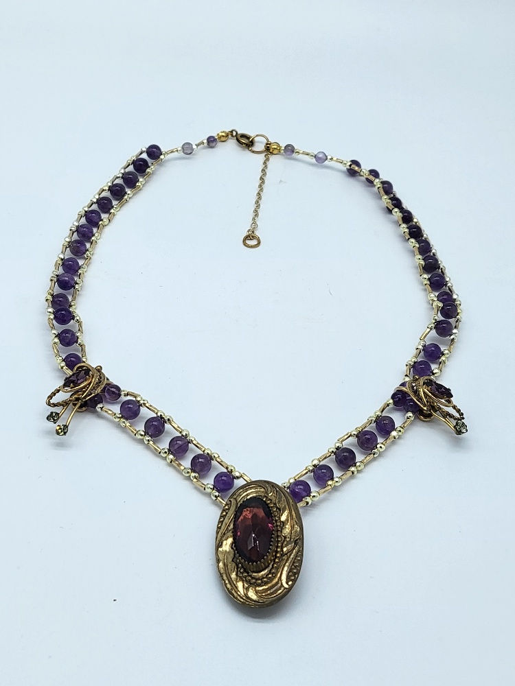 Thumbnail: Antique Gold tone pin w Amethyst earring accents of Gold fill, Amethyst Crystal