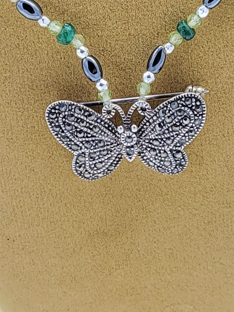Thumbnail: Antique silver marcasite butterfly pin silver turtles, necklace peridot emeralds