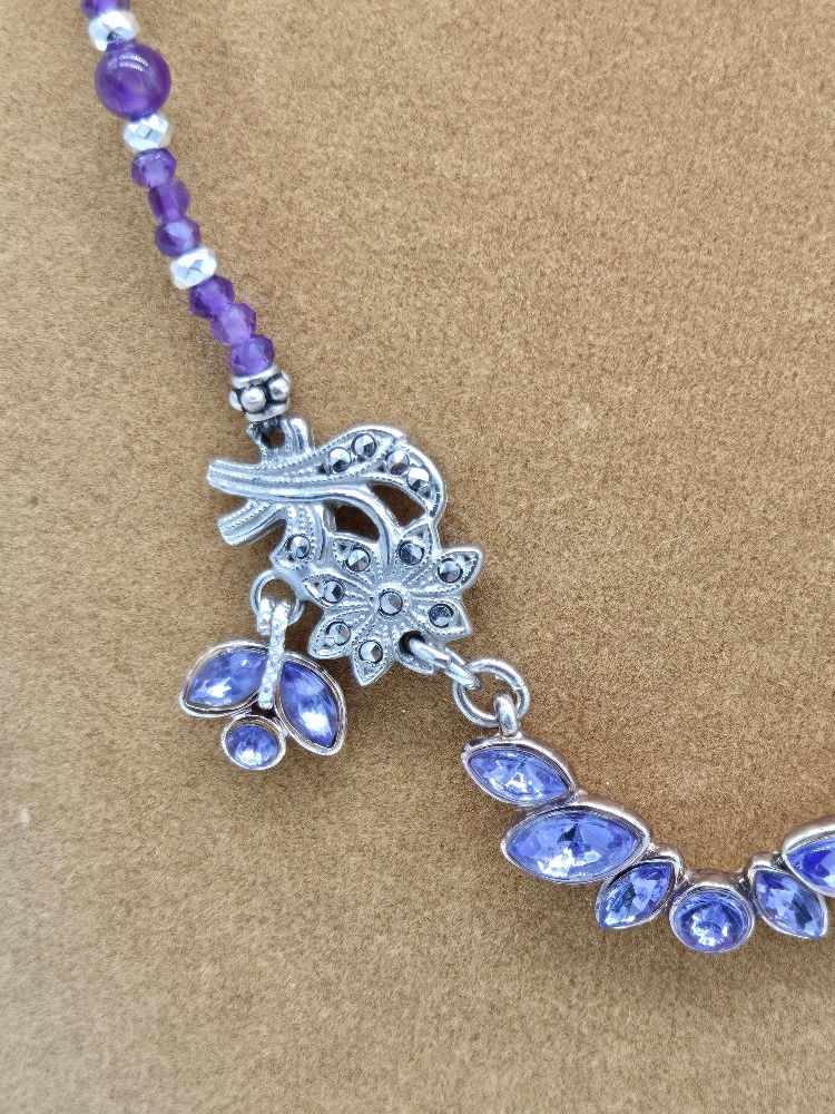 Thumbnail: Antique Iolite half circle, earrings, antique silver Marcasite Roses, amethyst