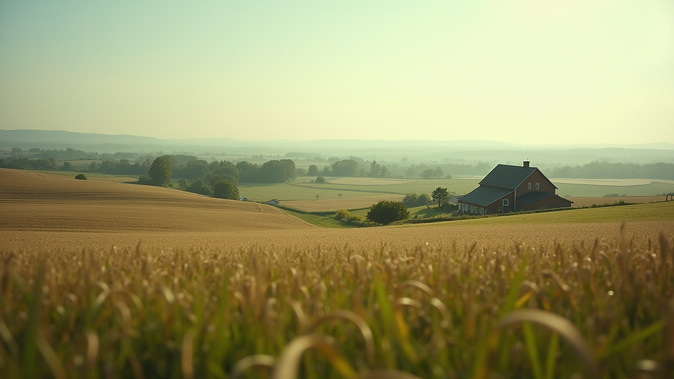 Wide angle view of a rural landscape with a small farm and fields