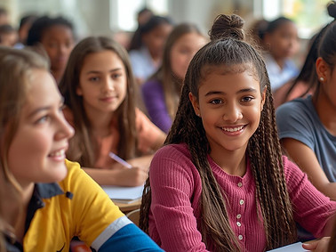 create a high resolution image of multicultural children of diverse ages 13 - 15 in classr