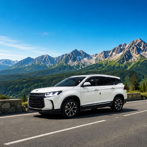 Biele rodinné SUV Forthing T5 zaparkované v horskom prostredí. Ideálne a bezpečné auto pre rodinné výlety, dostupné u autorizovaného predajcu Dongfeng Nitra.