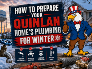 Snowy scene in Quinlan with Military Plumbing eagle mascot and winter plumbing prep