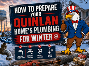 Snowy scene in Quinlan with Military Plumbing eagle mascot and winter plumbing prep