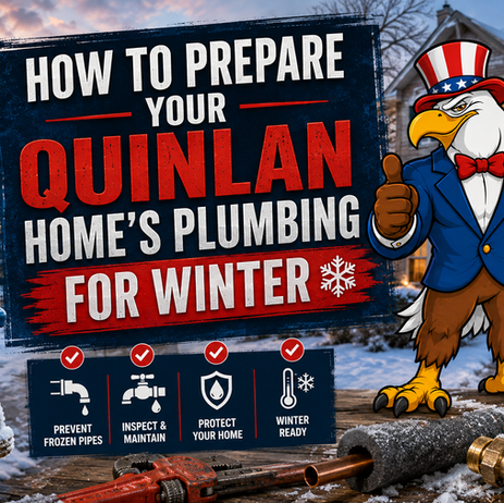 Snowy scene in Quinlan with Military Plumbing eagle mascot and winter plumbing prep