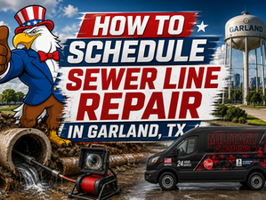 Sewer line repair in Garland with Military Plumbing van and mascot