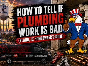 Military Plumbing van and eagle vectors with plumbing pipe and Plano, TX skyline