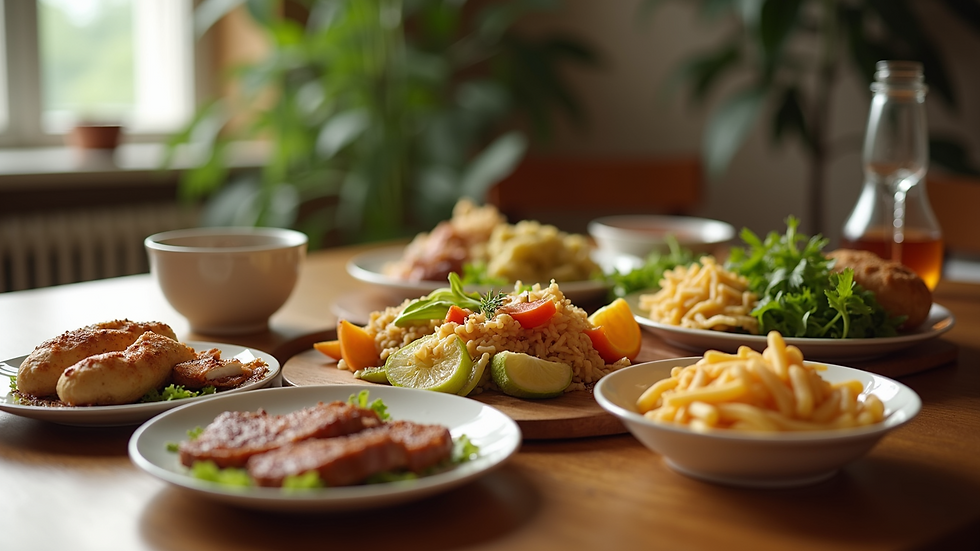 Eye-level view of a nutritious meal spread on a table