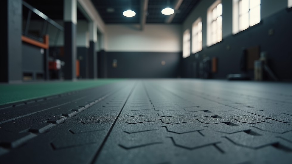 Close-up view of black rubber flooring in a gym