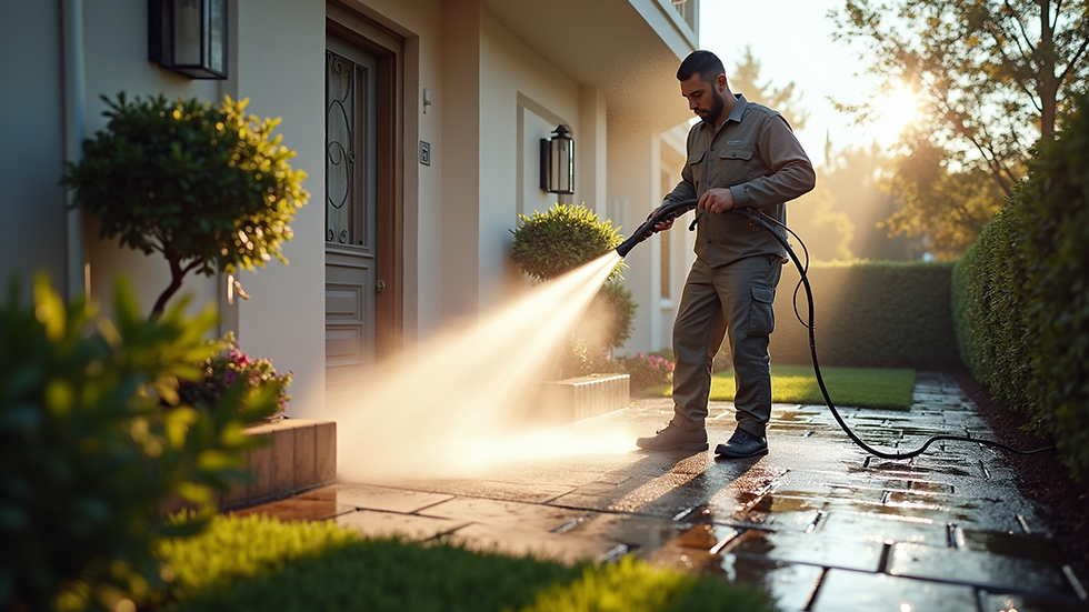 Eye-level view of a pressure washing service in action on a residential home exterior