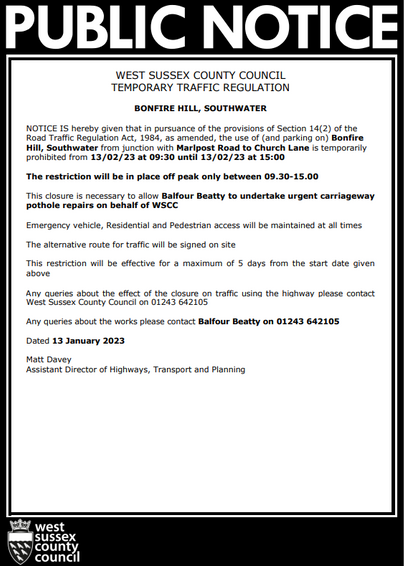 WSCC Temporary Traffic Regulation Bonfire Hill, Southwater