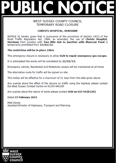 WSCC Temporary Road Closure- Christs Hospital