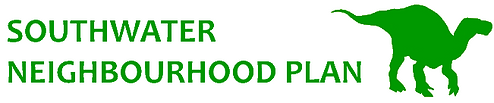 Green text reading "Southwater Neighbourhood Plan" with a green dinosaur silhouette on a white background.