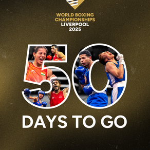 Image with the words "50 days to go", inside the number 50 is various images of male and female boxers
