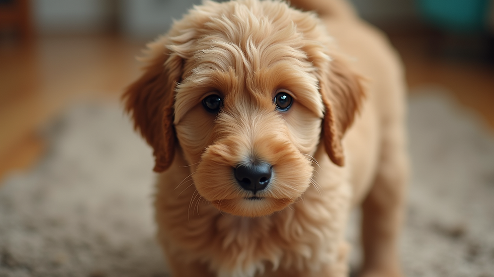Close-up view of a mini Goldendoodle puppy with fluffy fur