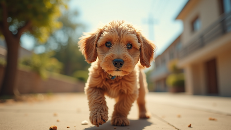 Eye-level view of a playful mini Goldendoodle on a sunny day
