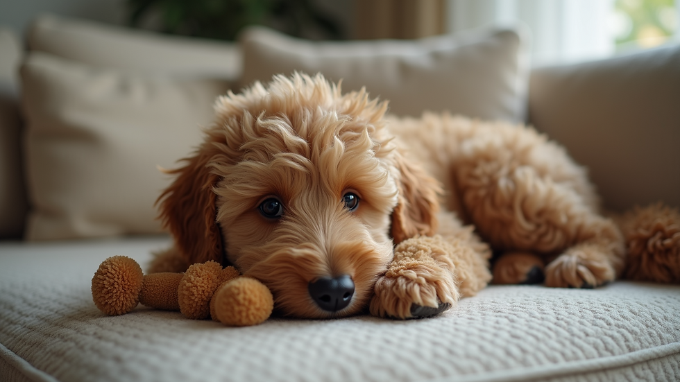 High angle view of a mini Goldendoodle relaxing on a sofa with toys
