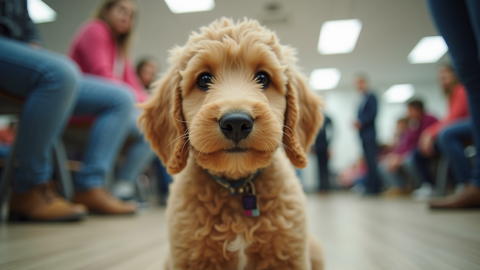 Eye-level view of a Goldendoodle attending a puppy training class