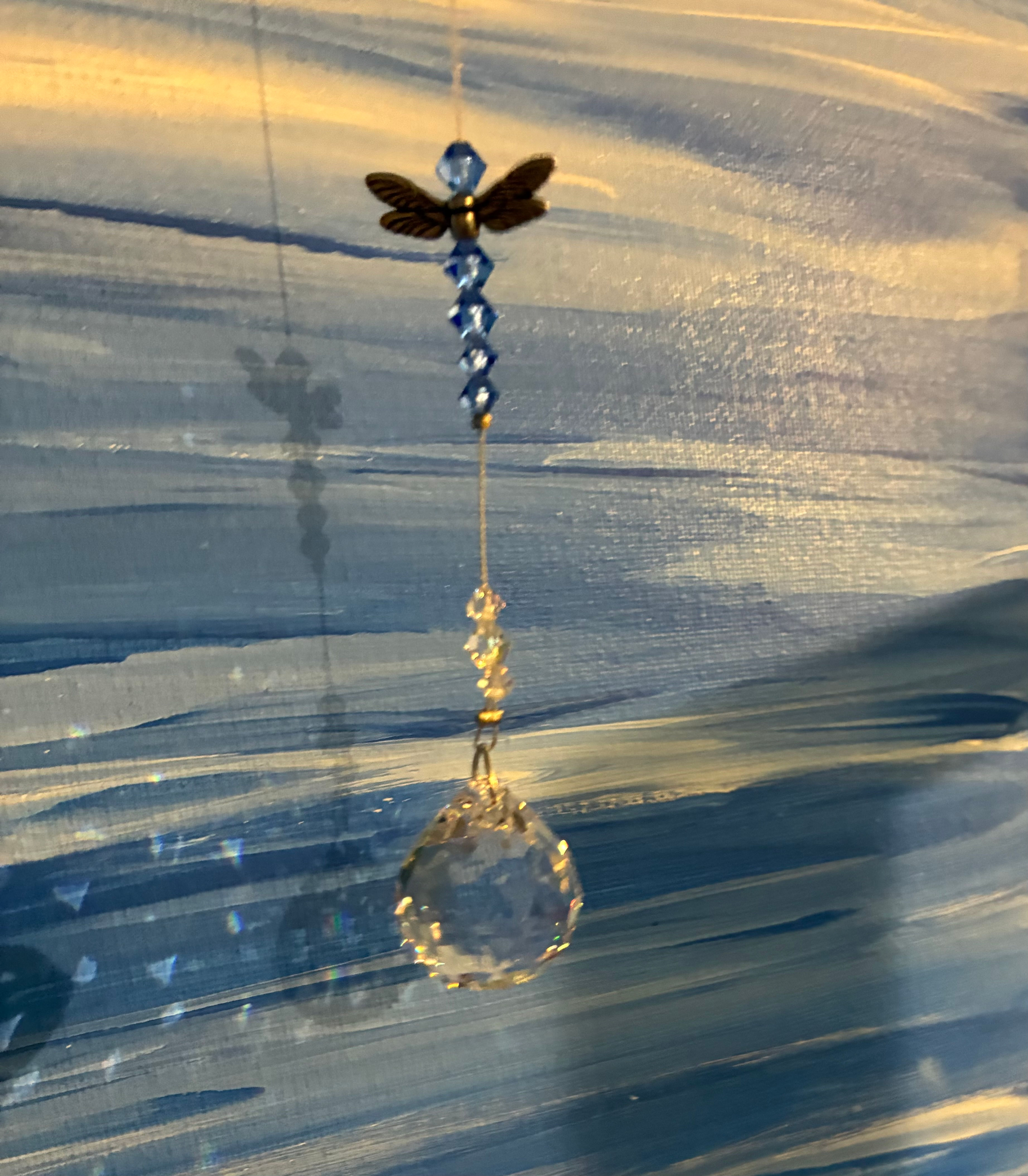 Dragonfly Charm Window Drop (blue) with 20mm Faceted Ball