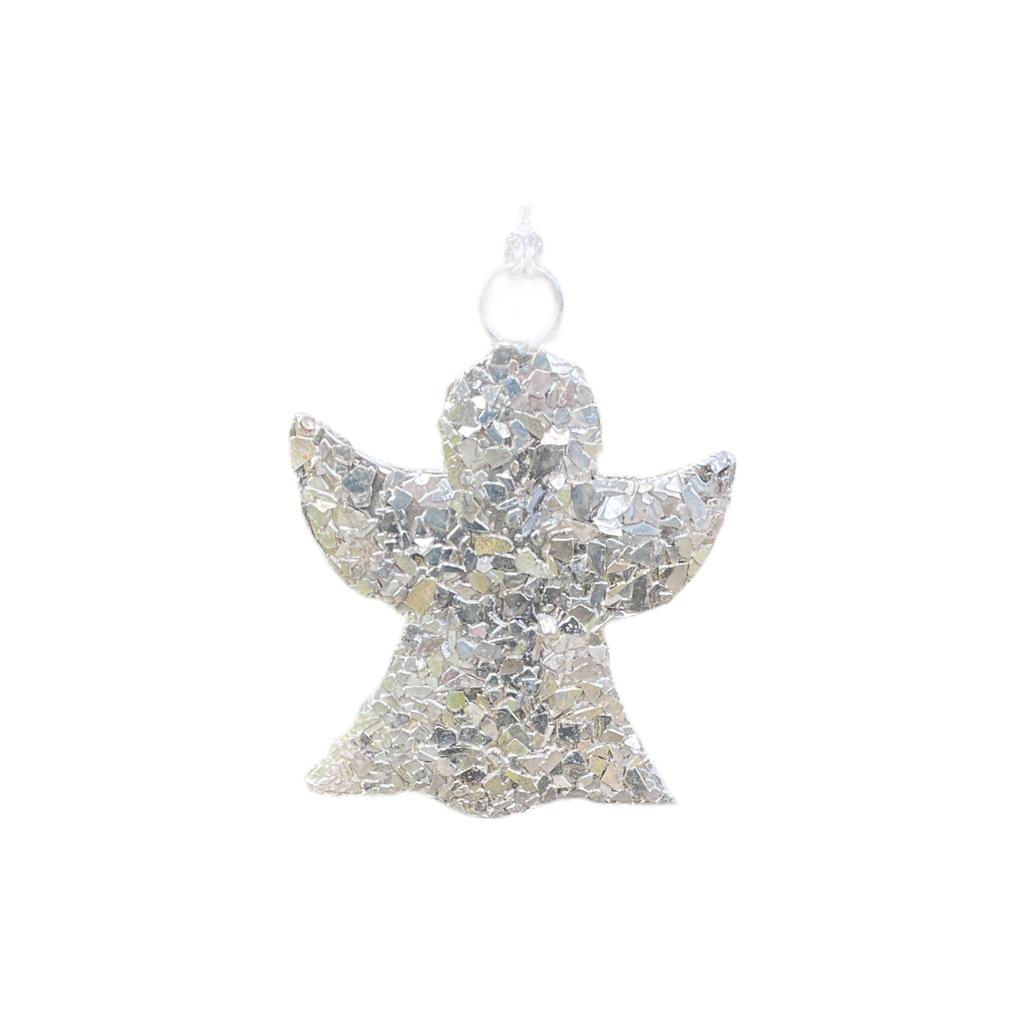 A Silver angel ornament made from pieces of reclaimed metal and is about 3.5" x 2.5"