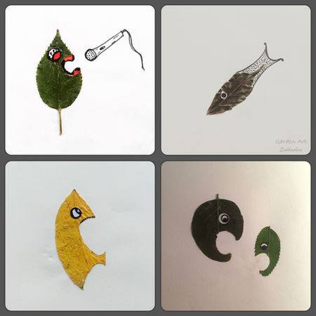 Four-panel image of leaf art: two singing leaves, a fish, and two leaves arranged to show a parent scolding a child, all composed against white backgrounds.
