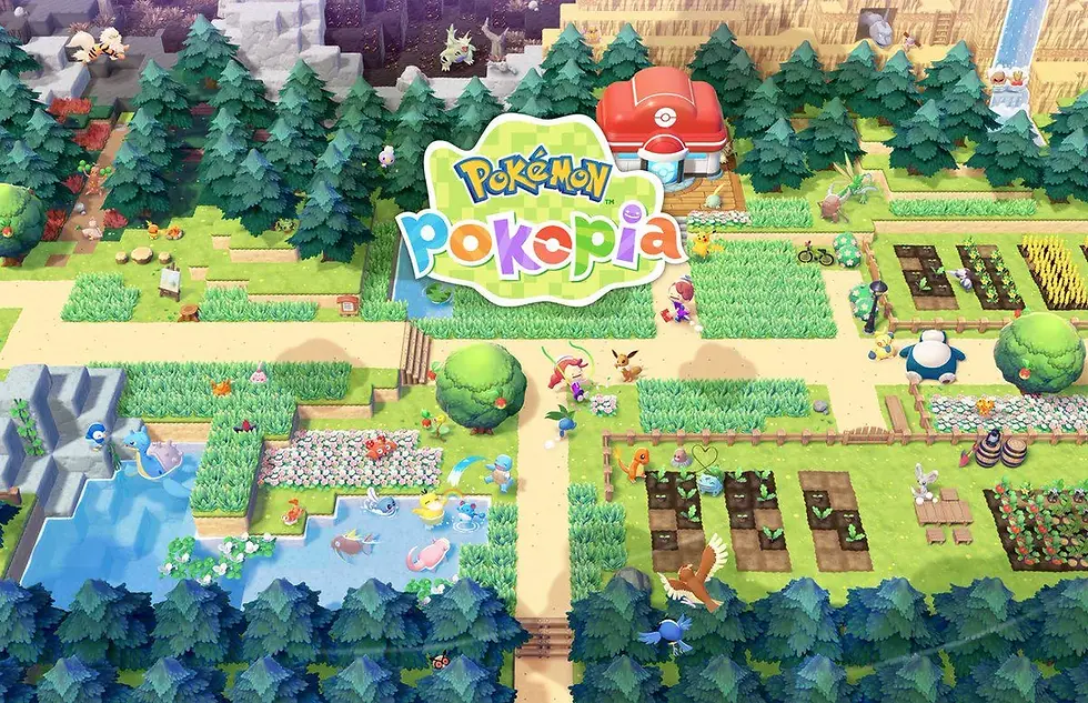 Pokemon-themed landscape featuring various Pokemon in a vibrant garden setting with fields, trees, and a small river. Text reads "Pokemon Pokopia".