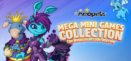 Cartoon animals with crowns and sci-fi gear stand with a fluffy creature. "Neopets: Mega Mini Games Collection" text on a cosmic background.