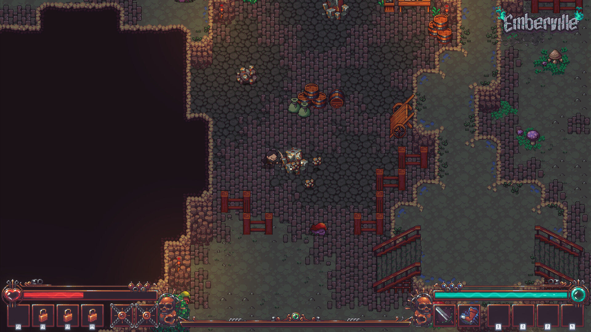 A character mines glowing crystal nodes in a rocky outdoor area filled with barrels, sacks, and wooden carts near a dark ravine.