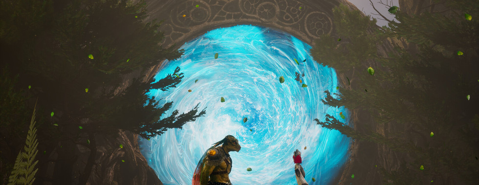 A lizard-like warrior and a small figure in a kimono stand before a massive, swirling blue magical portal framed by stone and trees.