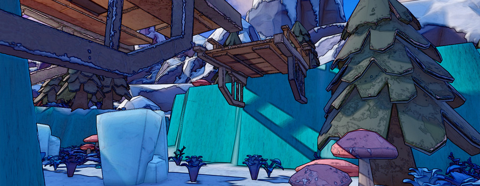 Snowy forest scene with blue-shaded pines, large purple mushrooms, and elevated wooden walkways.