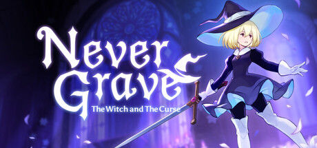 A blonde witch in a dark dress and large hat holds a glowing sword in a dimly lit, Gothic cathedral-style setting.