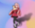 A full-body anime-style illustration of a smiling girl with long, flowing pink hair and red horns. She is wearing a red military-style dress, black tights, and white boots. She is happily hugging a small yellow duck that is wearing a white baseball cap with "CGR" written on it. The background is a soft, blurred gradient of blue, pink, and yellow.