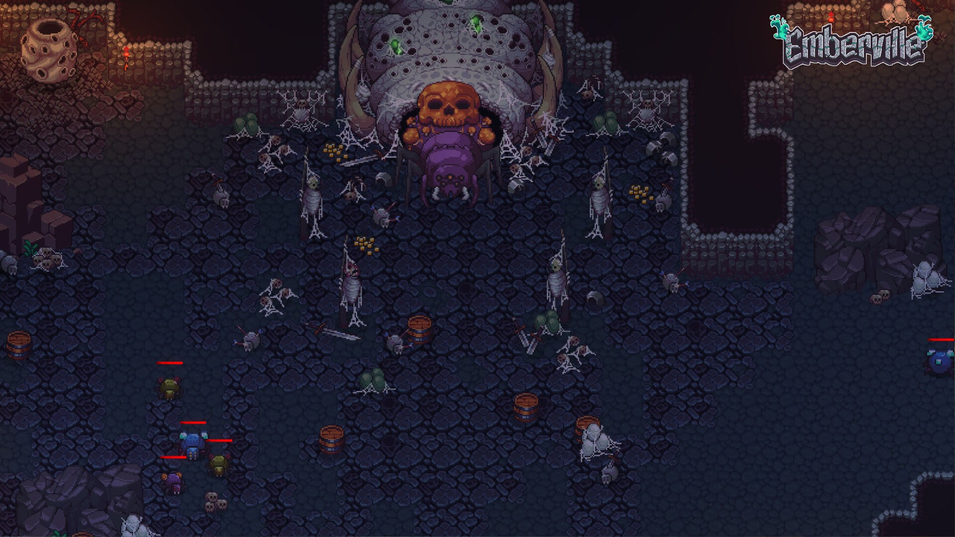 Dark pixel art of a spider lair filled with webs, skeletons, and a giant purple spider boss emerging from a skull-shaped cave.