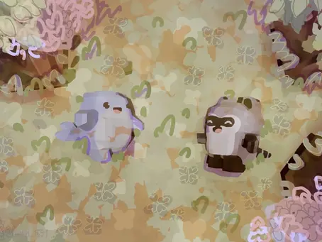 A stylized cartoon illustration of a purple winged blob-like creature and a raccoon standing together in a painterly, clover-filled field.