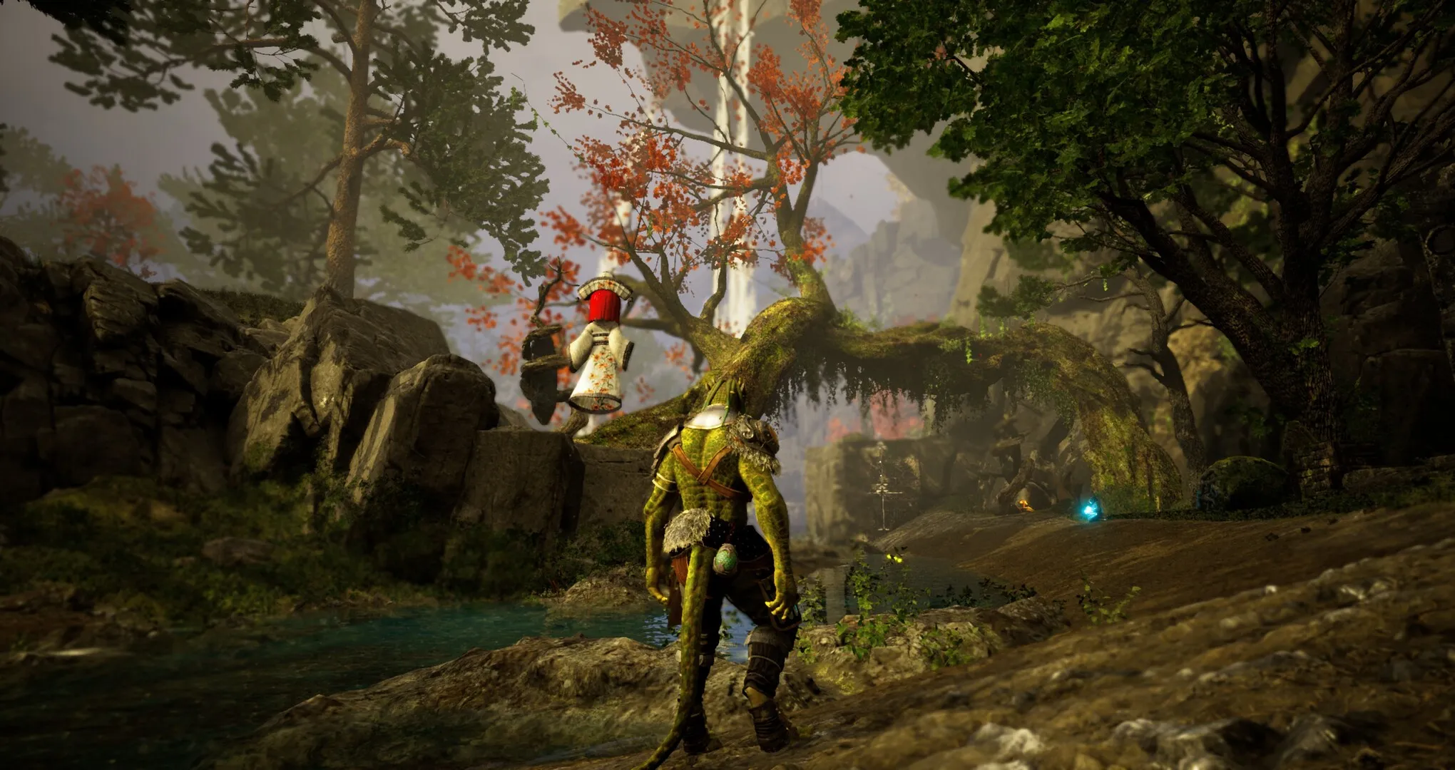 A lizard warrior and a small companion in a kimono walk through a misty forest toward a waterfall and a giant mossy tree bridge.