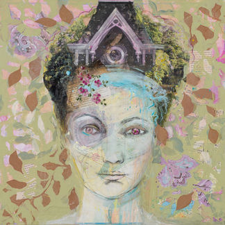 portrait of woman made out of mixed media pieces, charcoal and green, pink and purple acrylic paint. The portrait of a woman has a building on her head, a gothic arch.