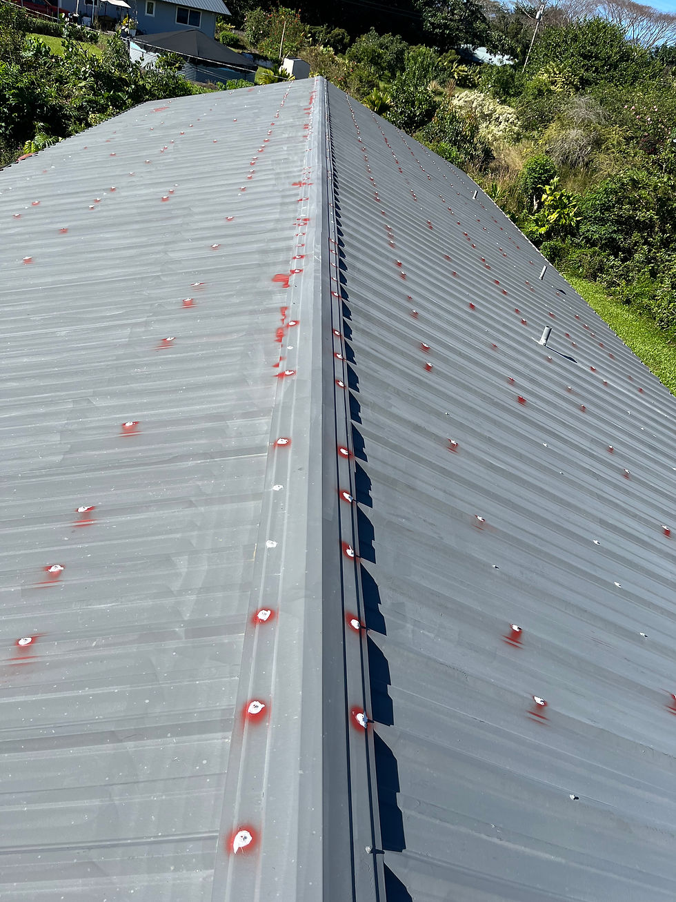 Corrugated metal roof painting service being prepared.