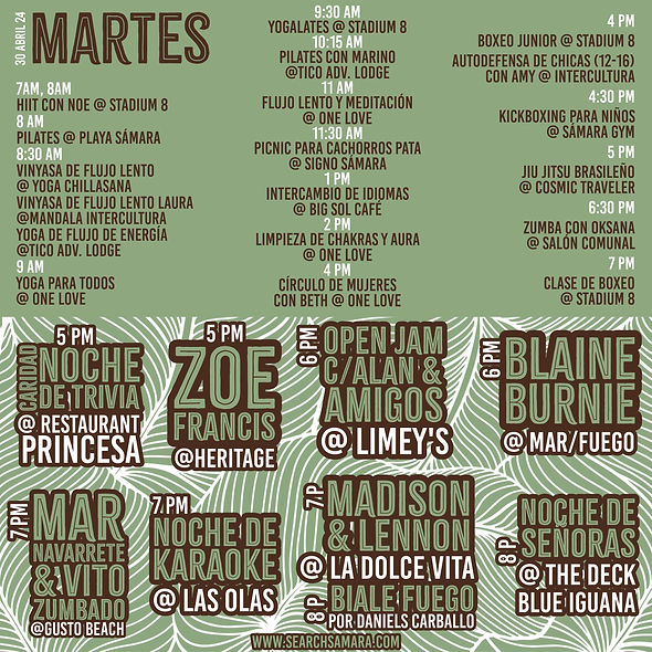 Daily Events Page for Things to Do in Playa Samara, Sámara, Costa Rica Vacation Fun Activities Live Music Fitness Classes