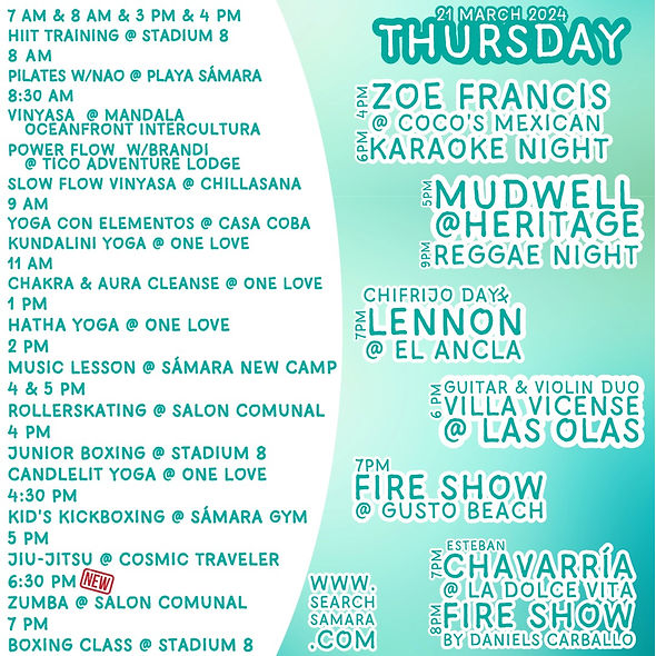 Daily Events Page for Things to Do in Playa Samara, Sámara, Costa Rica Vacation Fun Activities Live Music Fitness Classes