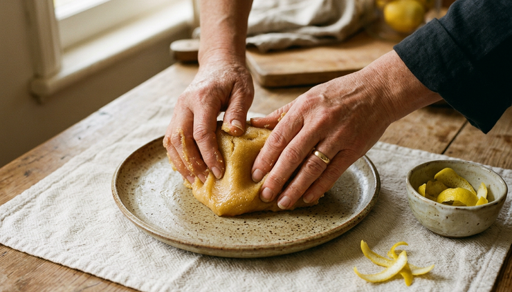 Close-up of hands kneading soft golden sugar paste over a ceramic plate