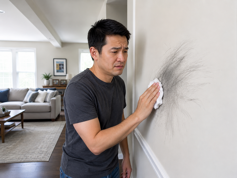 Man in a gray shirt cleans a smudge off a white wall with a cloth, looking focused. Living room in background with couches and decor.