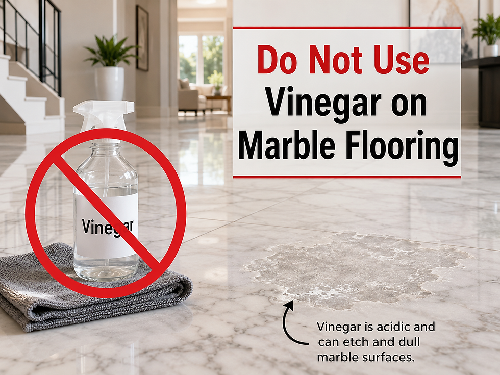 Spray bottle labeled "Vinegar" on marble. Red cross and warning text: "Do Not Use Vinegar on Marble Flooring." Floor etch marks visible.