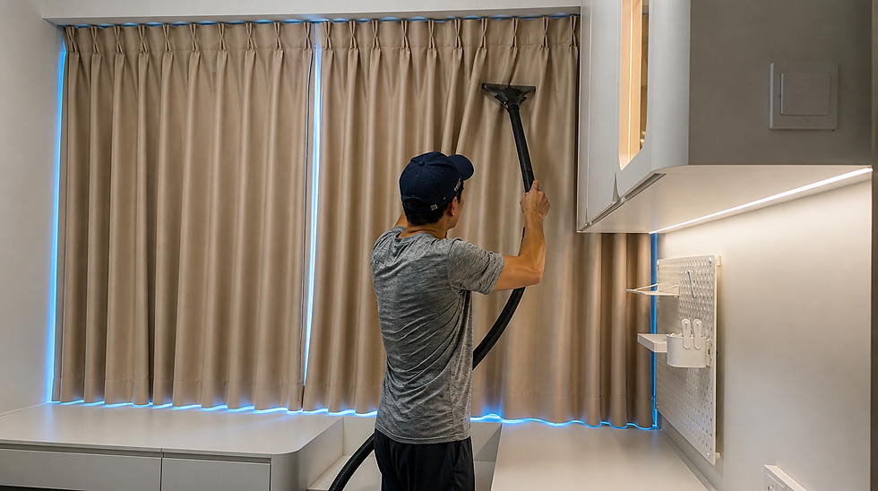 A man is steaming blackout curtain in Singapore