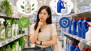 Woman is choosing cleaning solution for home