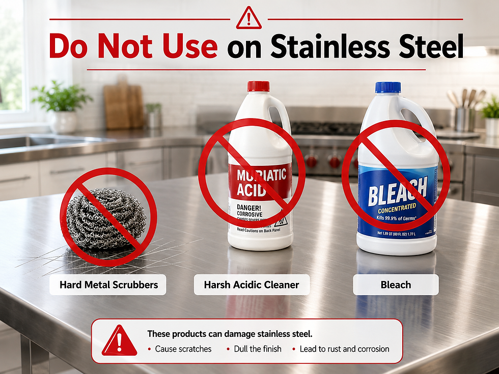 Do Not Use on Stainless Steel: Metal scrubbers, muriatic acid, and bleach are shown with red prohibition symbols on a kitchen counter.