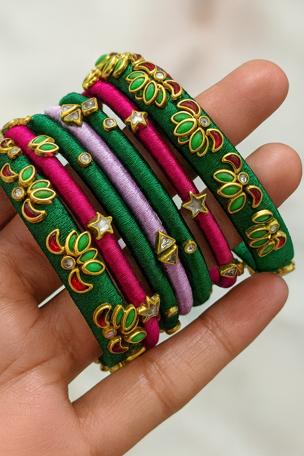 Heritage Lotus Green & Pink Bangle Set