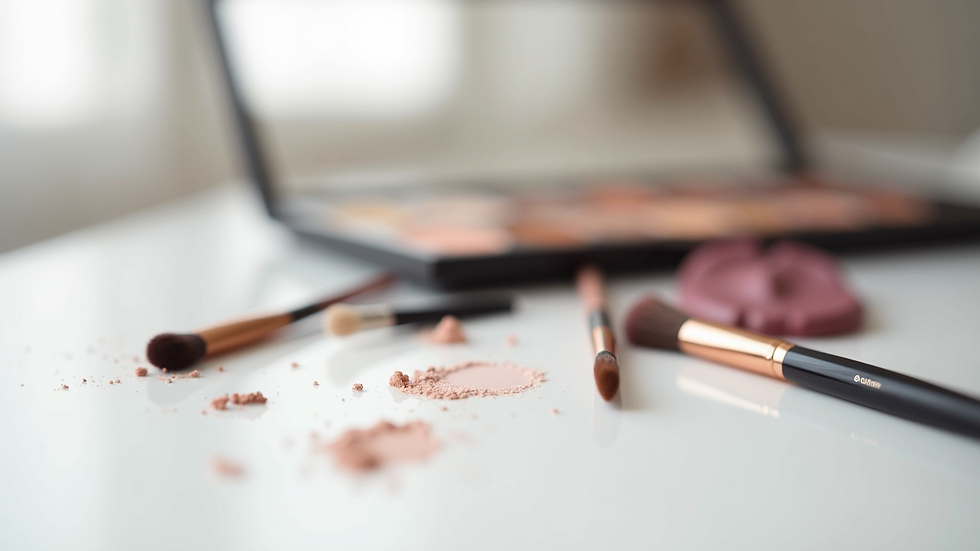 Close-up view of makeup brushes and palette on a white surface