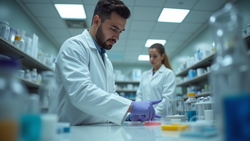 Eye-level view of a pharmacist preparing medication in a compounding lab